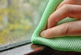 Mano con una bayeta limpiando moho por condensación de una ventana