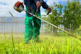 Jardinero pasando una desbrozadora por el cesped