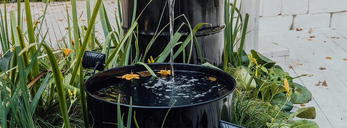 Barril de lluvia en el jardín lleno